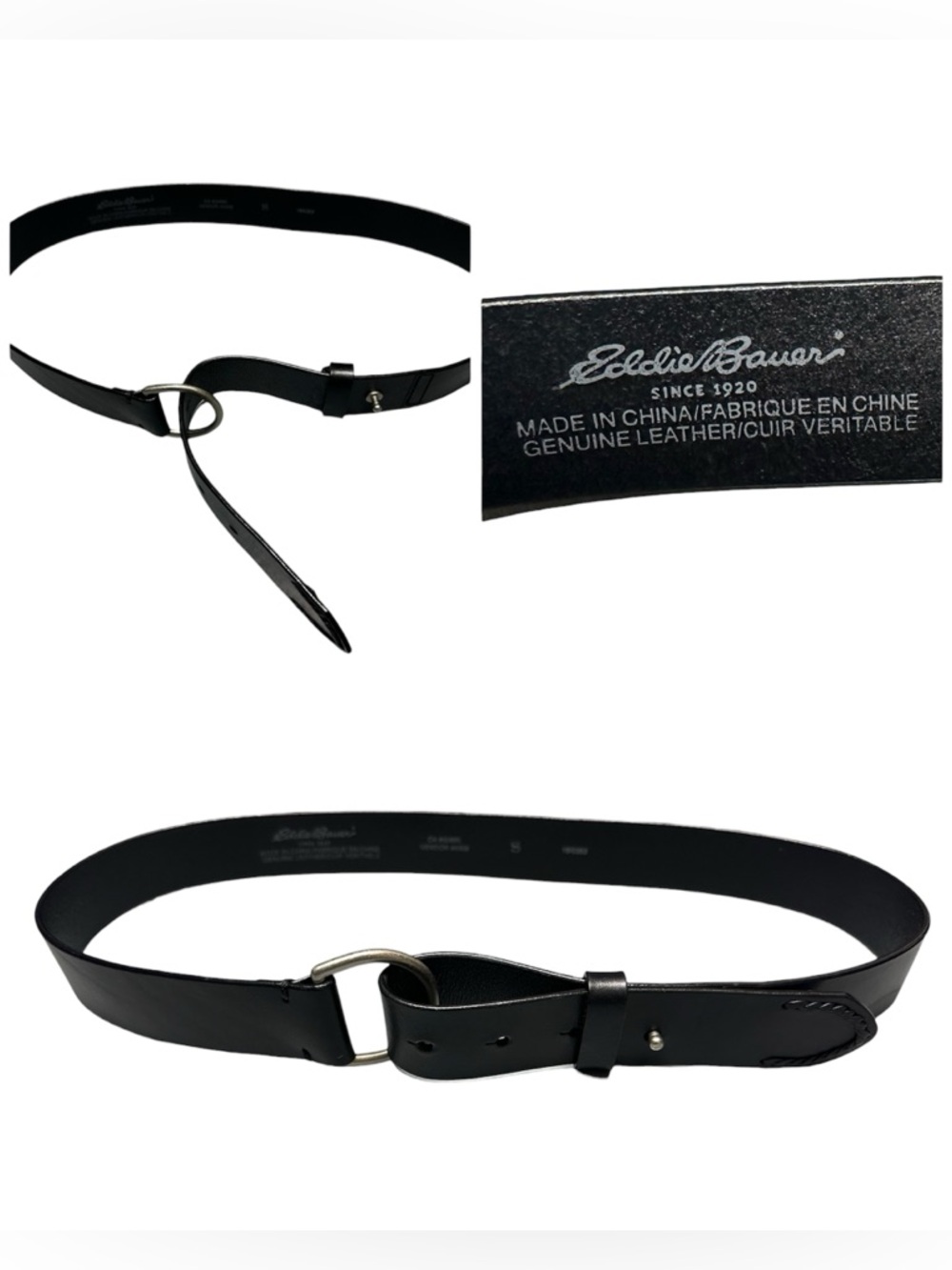 Eddie Bauer Leather Loop Post Closure Classic Casual Belt Stitching Black